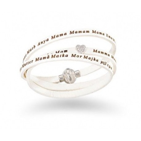 Amen - Bracciale Donna Pelle Bianca E Cuore In Arg 925 Mamma In Tutte Le Lingue Del Mondo - AS-MA07-54
